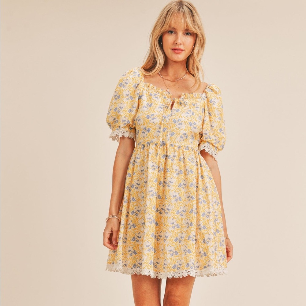 Just Me Yellow Floral Baby Doll Dress with Lace Trim - Size S
